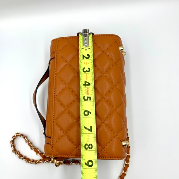 Chic brown/tan top handle trendy quilted shoulder crossbody bag gold-tone chain - Picture 12 of 13